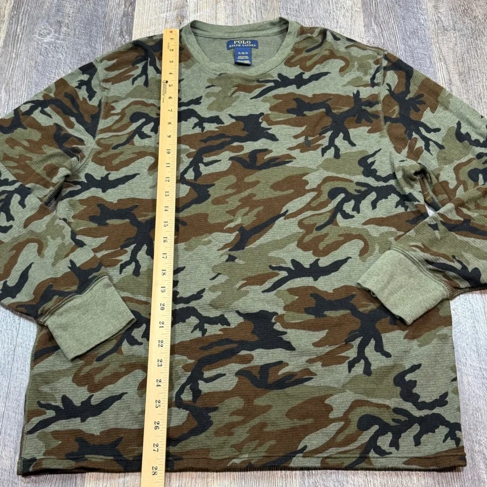 Polo Ralph Lauren Mens XL Camo Waffle Knit Thermal Long Sleeve Shirt Green Brown